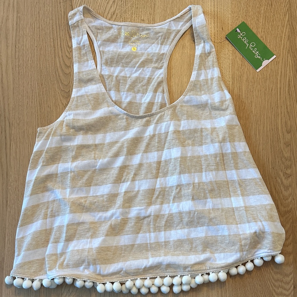 Lilly Pulitzer Beige and White Striped Tank with Pom Pom Trim
